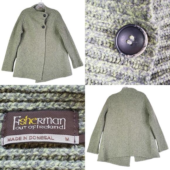 Fisherman Donegal Cardigan Sweater Women's M Wool Knit Ireland Green High Neck - Picture 2 of 10